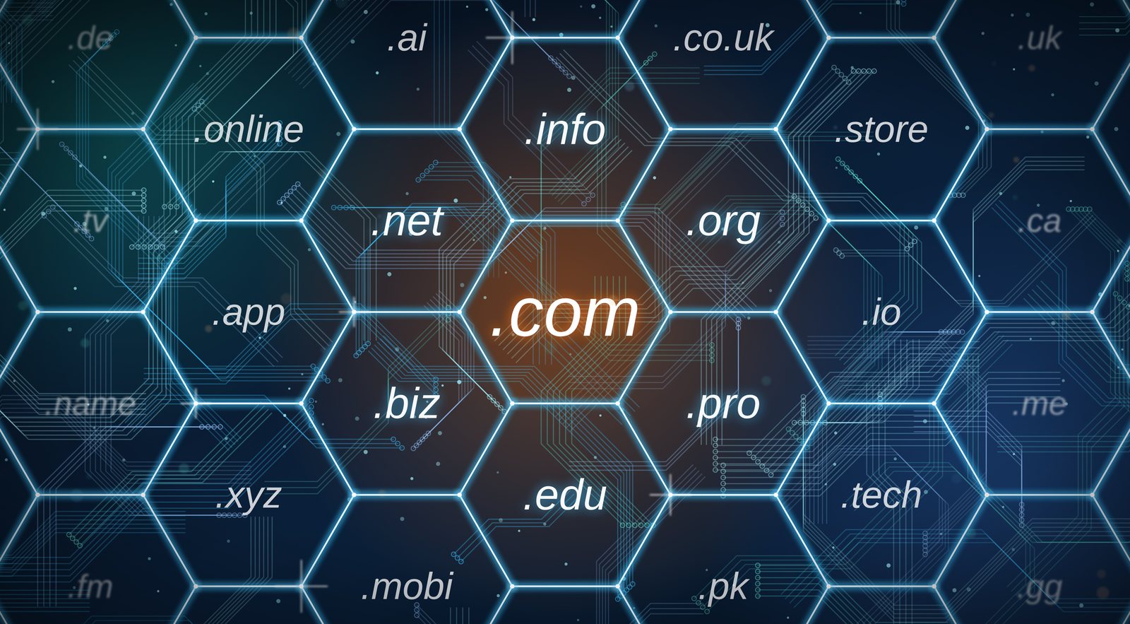 Domain extensions such as .com, .net, .org, .info and .biz on a hexagon circuit-board background